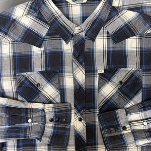 Salt Western Men's Pearl Snap‎ Shirt Plaid Blue White Black Fits Large